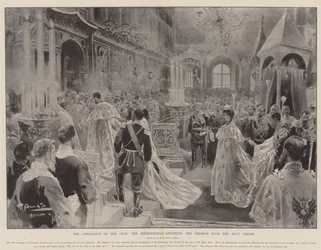 Die Krönung des Zaren, der Metropolit salbt den Kaiser mit dem Heiligen Chrisam